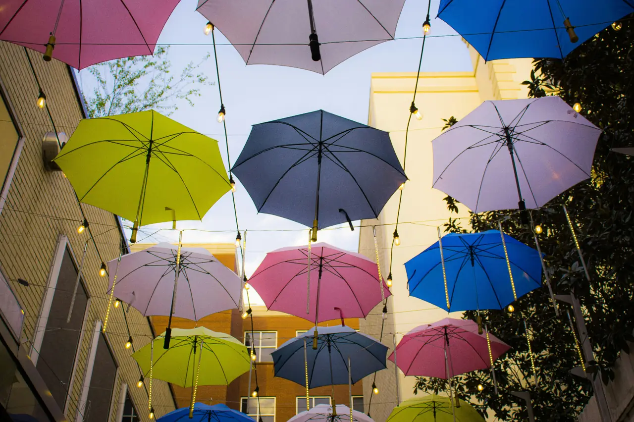 Best neighborhoods in Chattanooga for families — colorful umbrella canopy over Patten Parkway in downtown Chattanooga
