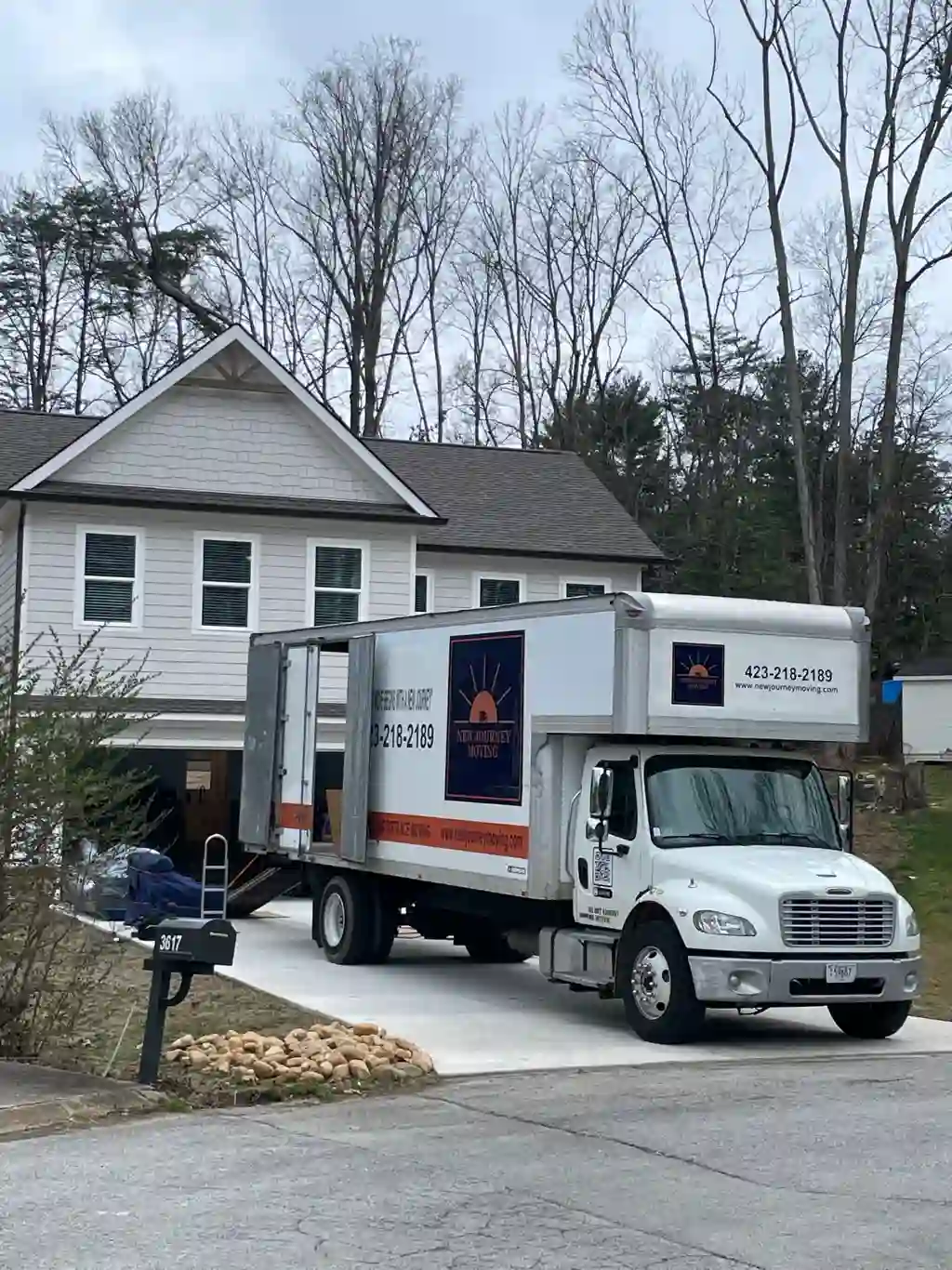 New Journey Moving truck parked at a Chattanooga home, ready to load